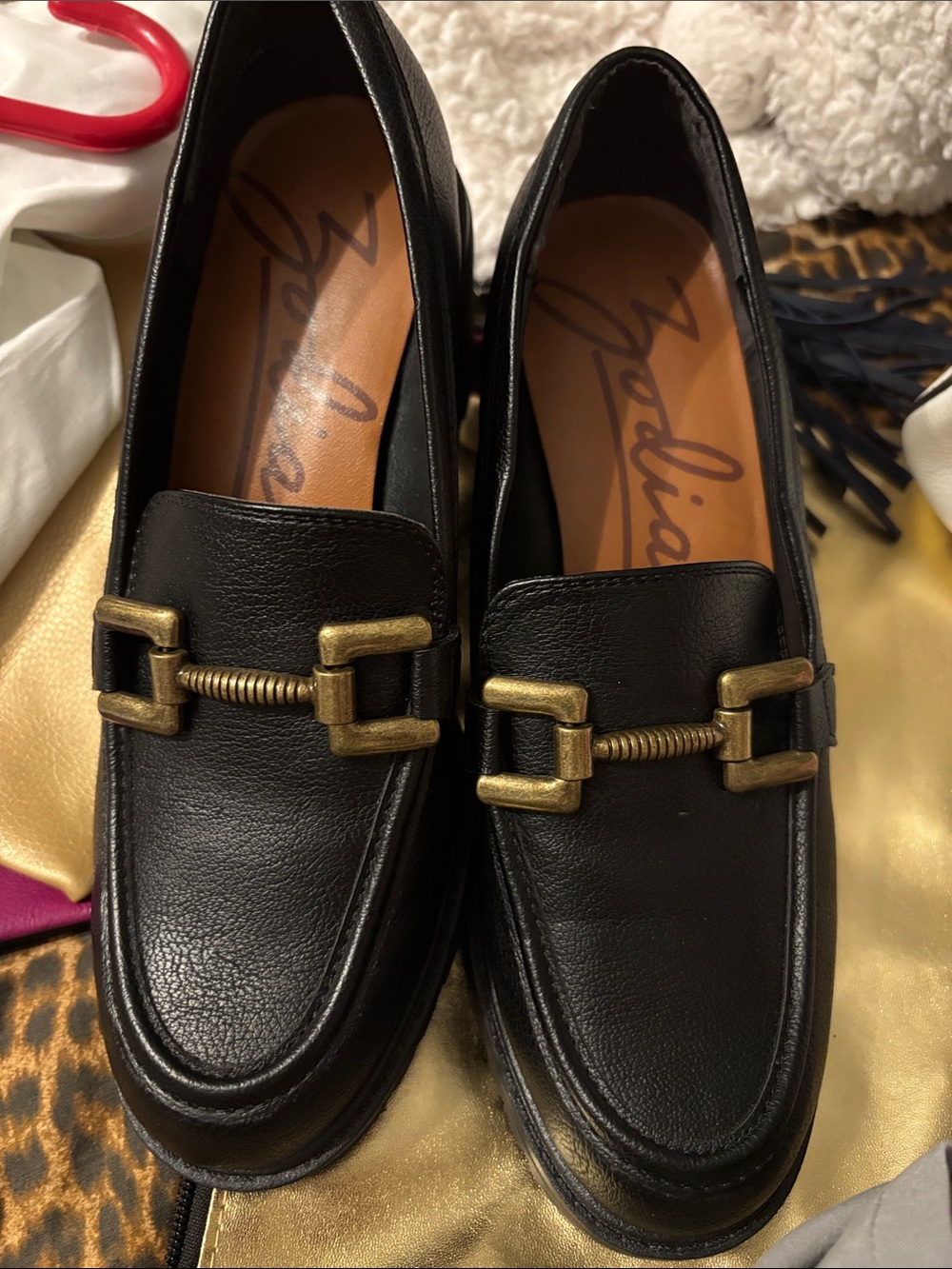 Black Leather Women Loafers with Brass Bit Detail size 7.5